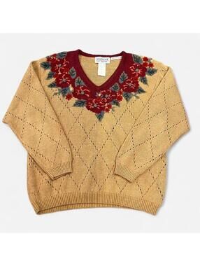 Vintage 90s Cottagecore Floral Embroidered Sweater Jantzen Petite Grandpa Knit